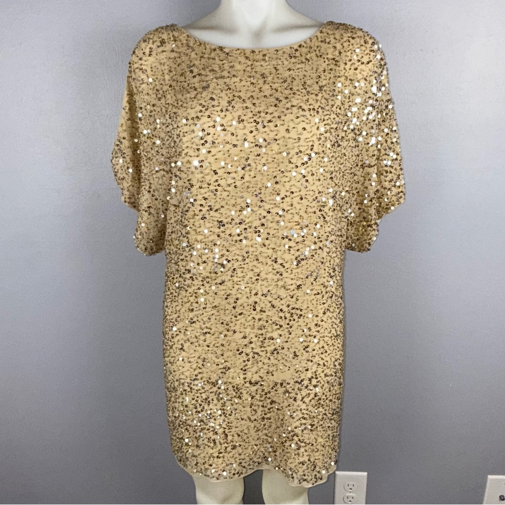 Cache Blouson Sheath Dress Evening Party Gold Sequin Cold Shoulder Y2k Silk Sz 2